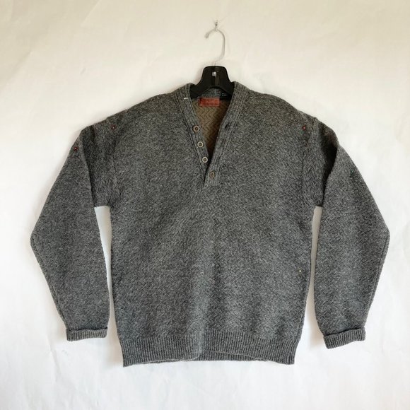 VTG Henry Grethel Herringbone Knit Wool Blend Relax Fit Grey Pullover M 4-Button - Picture 4 of 16